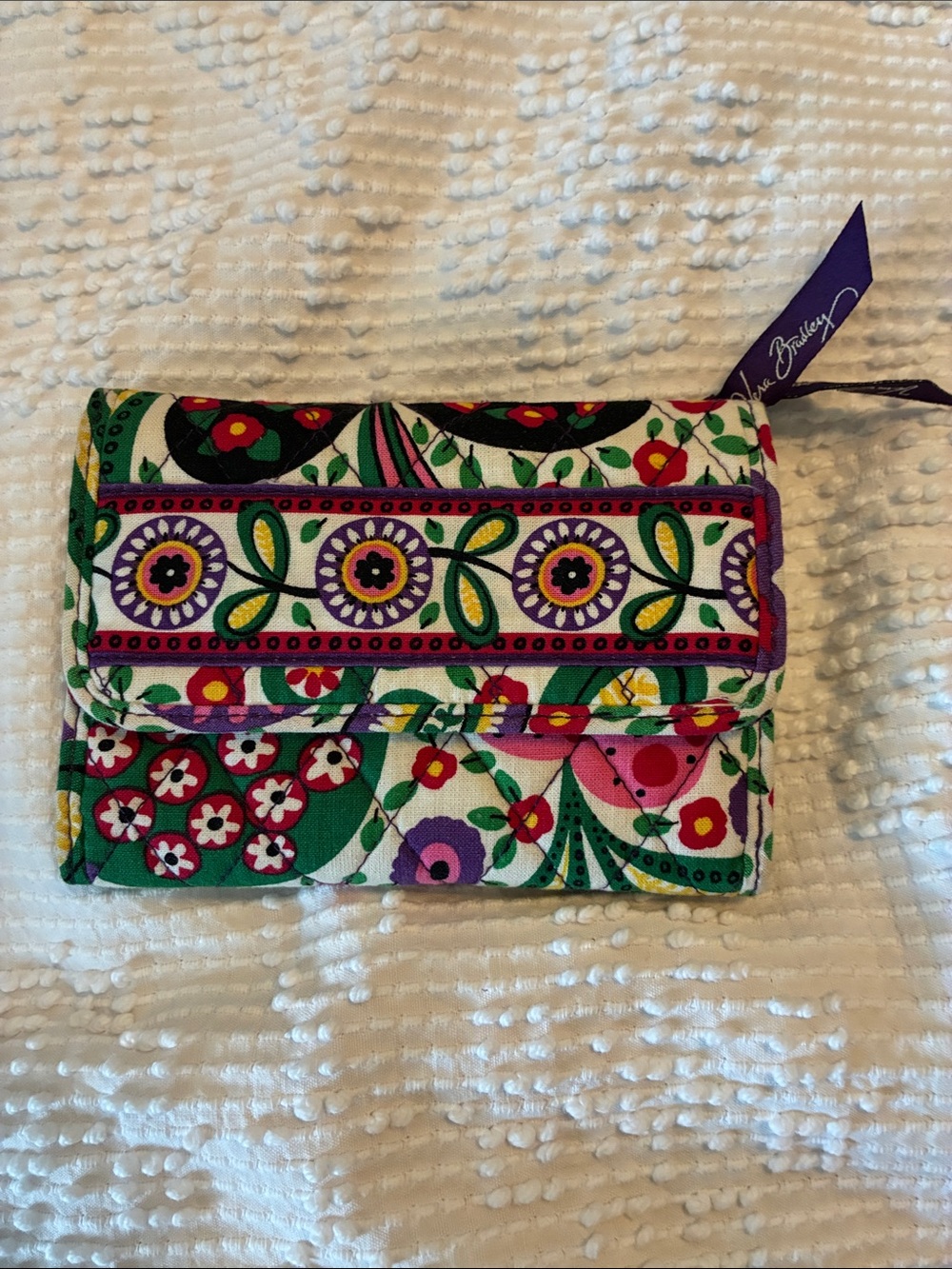 Vera Bradley Green Floral Quilted Trifold Wallet with Purple Trim
